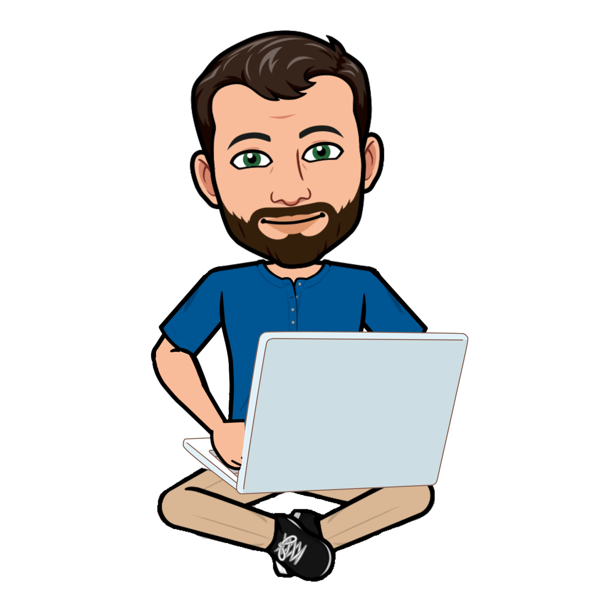 Image type sticker / avatar représentant Julien Baurens avec un PC sur les genoux pour illustrer la profession de chef de projet digital