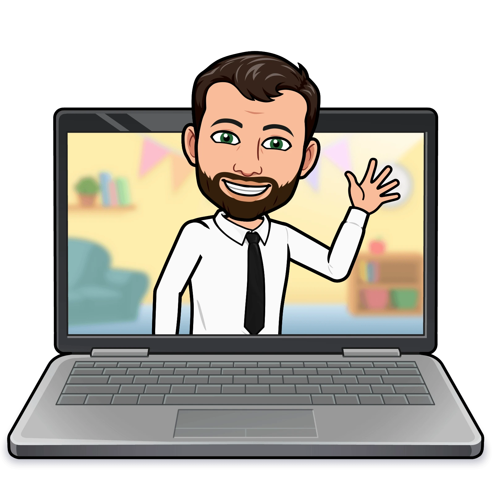 Image type sticker / avatar représentant Julien dans un PC Portable qui illustre sa nouvelle vie professionnelle dans le digital