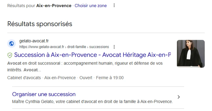 Capture d'écran d'une annonce pour Maître Gelato sur le moteur de recherche Google