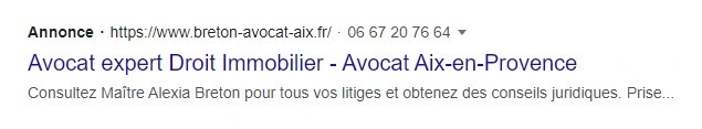 Annonce Google Ads droit immobilier