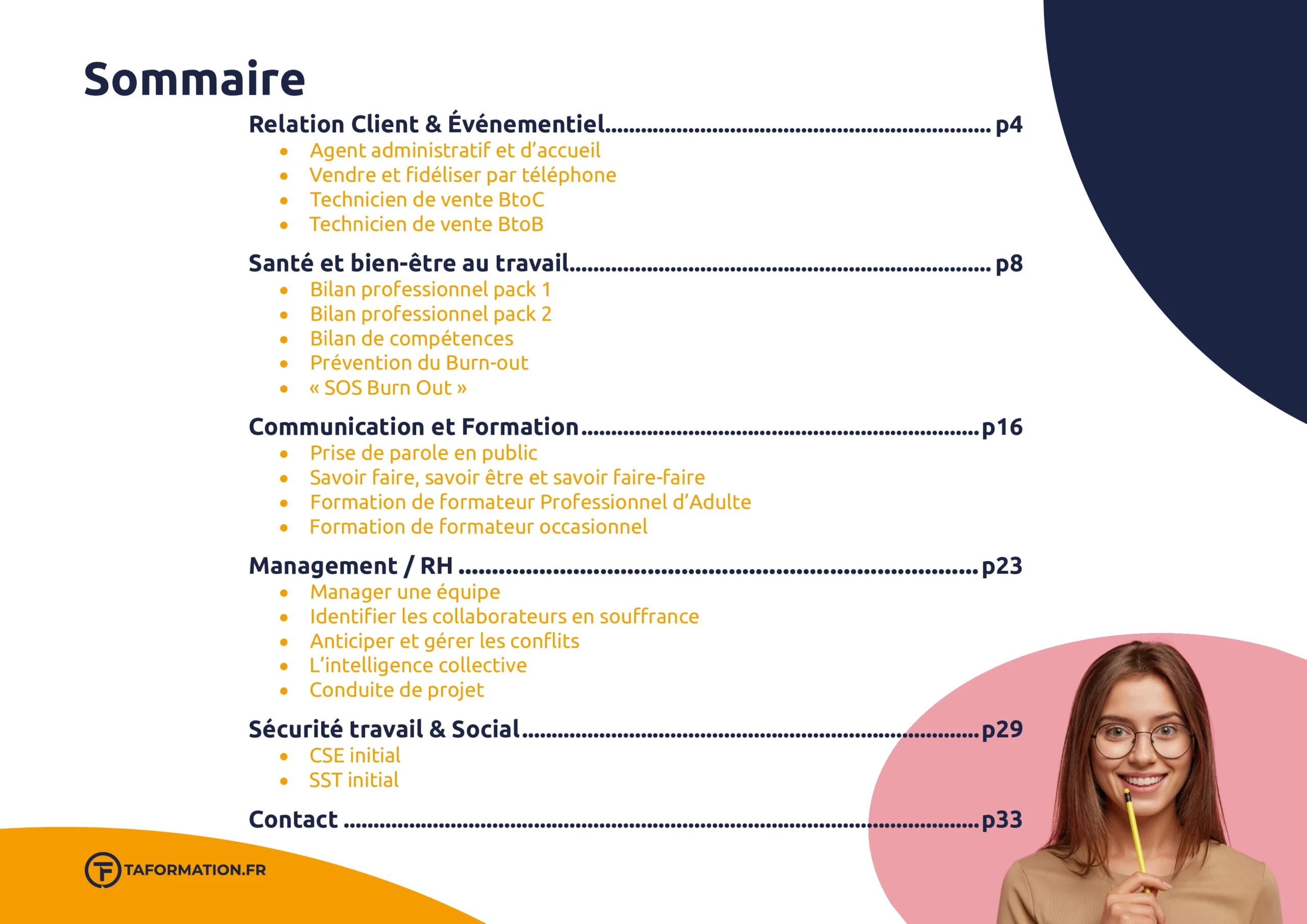 Page sommaire du Catalogue TAFORMATION