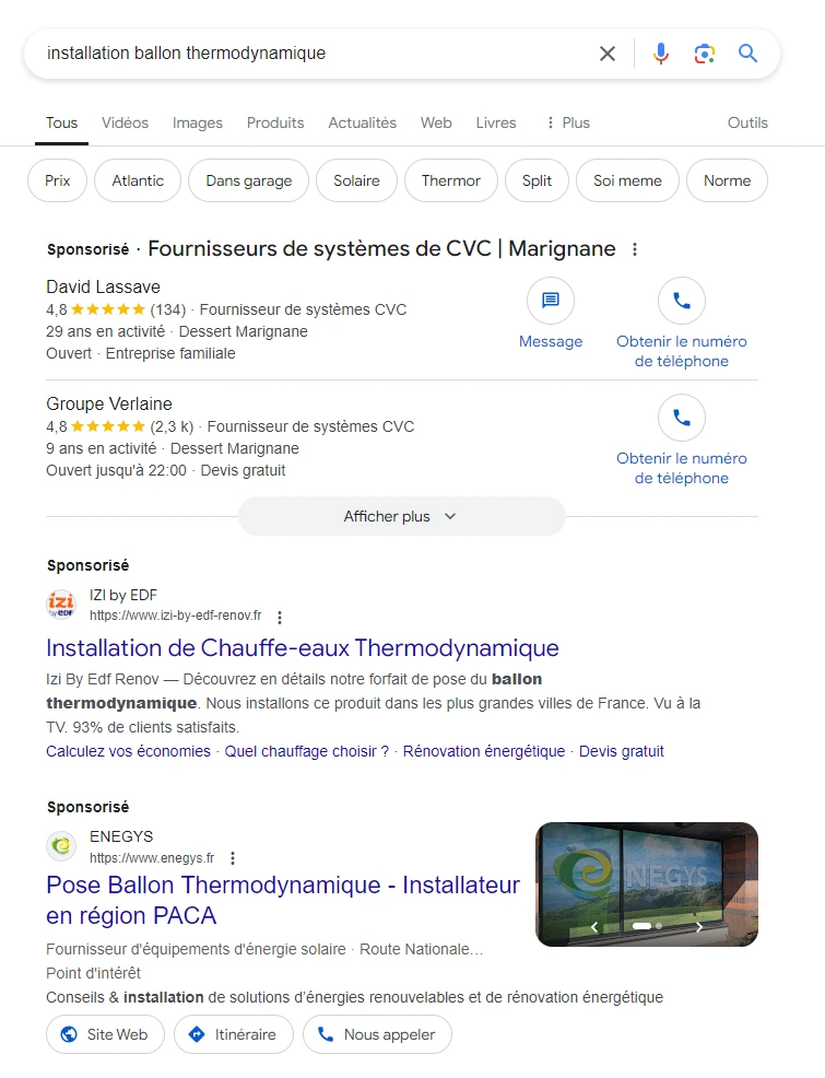 Capture d'écran d'une annonce Google Ads pour la société ENEGYS sur le moteur de recherche Google