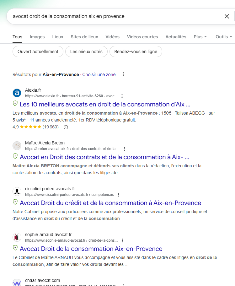 Capture d'écran d'une recherche "Avocat droit de la consommation" sur le moteur de recherche Google pour démontrer les résultats du référencement naturel