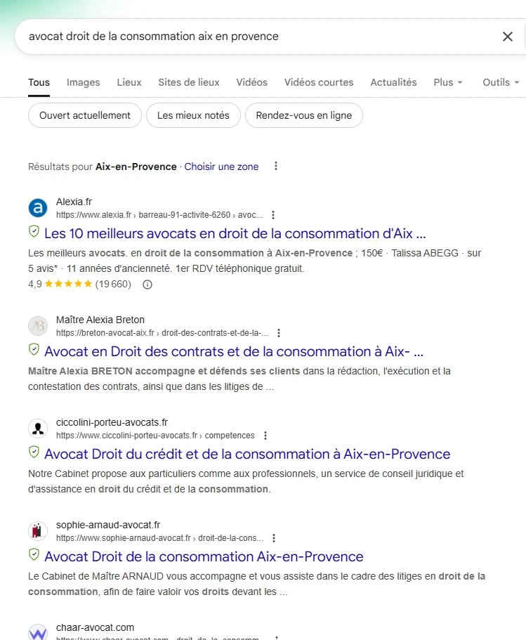 Capture d'écran d'une recherche "Avocat droit de la consommation" sur le moteur de recherche Google pour démontrer les résultats du référencement naturel