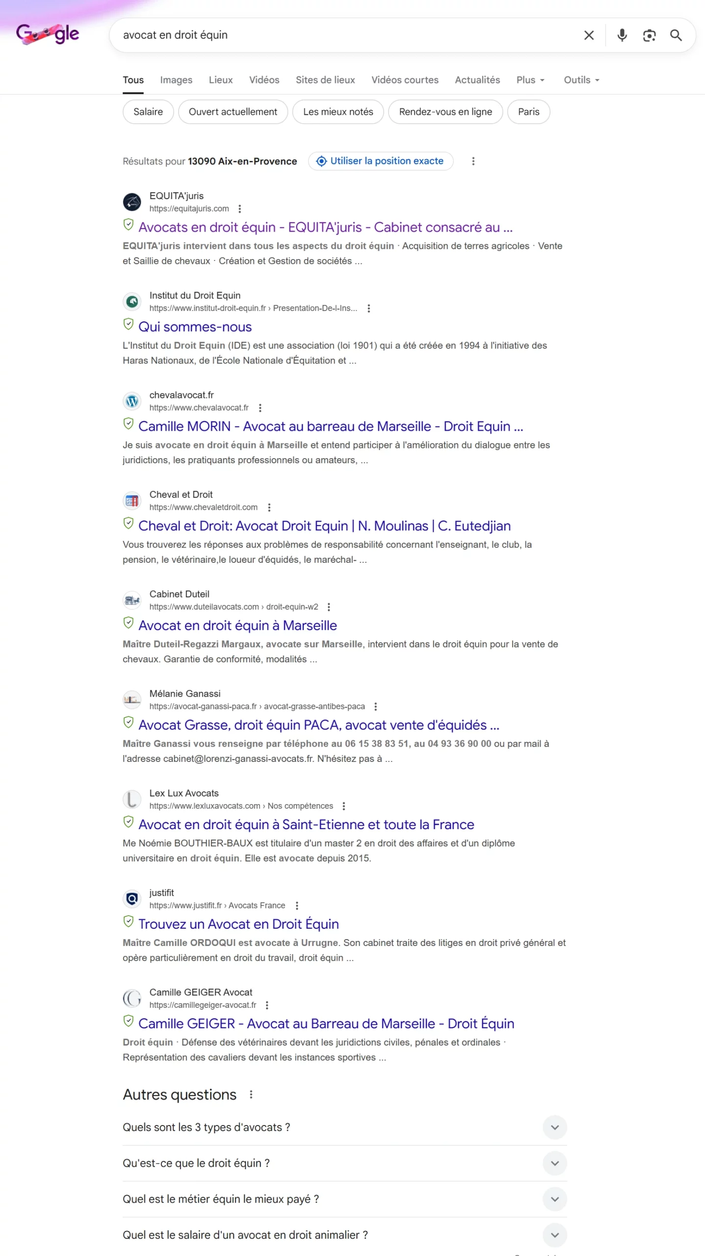 Capture d'écran d'une recherche "Avocat droit équin" sur le moteur de recherche Google pour démontrer les résultats du référencement naturel