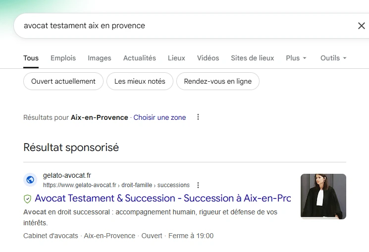 Capture d'écran d'une annonce Google Ads pour Maître Gelato sur le moteur de recherche Google pour "Avocat Testament Aix en Provence"