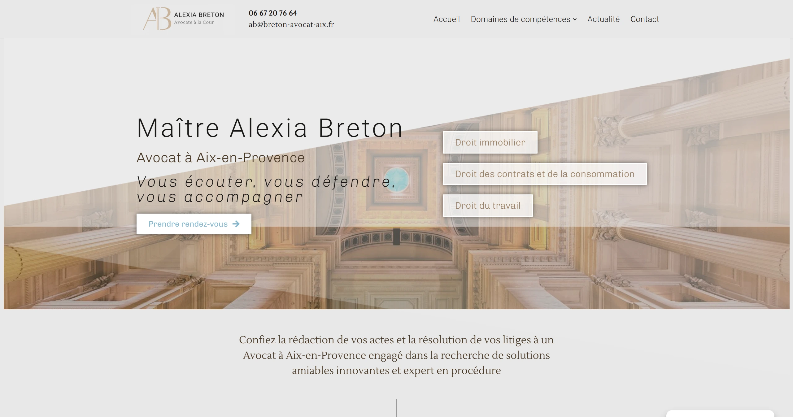 Capture d'écran de la version actuelle du site web pour Maître Alexia Breton