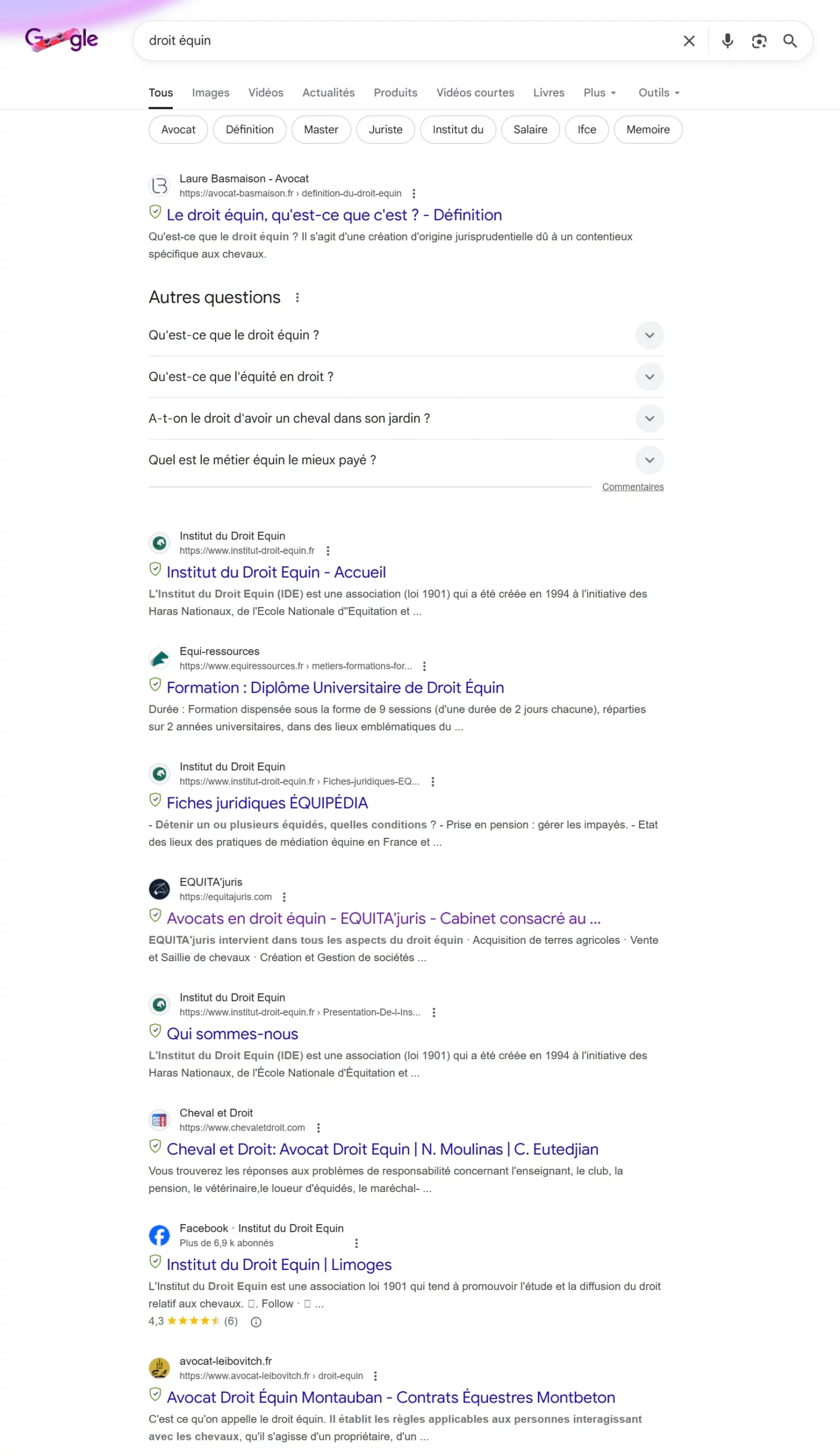 Capture d'écran d'une recherche "droit équin" sur le moteur de recherche Google pour démontrer les résultats du référencement naturel