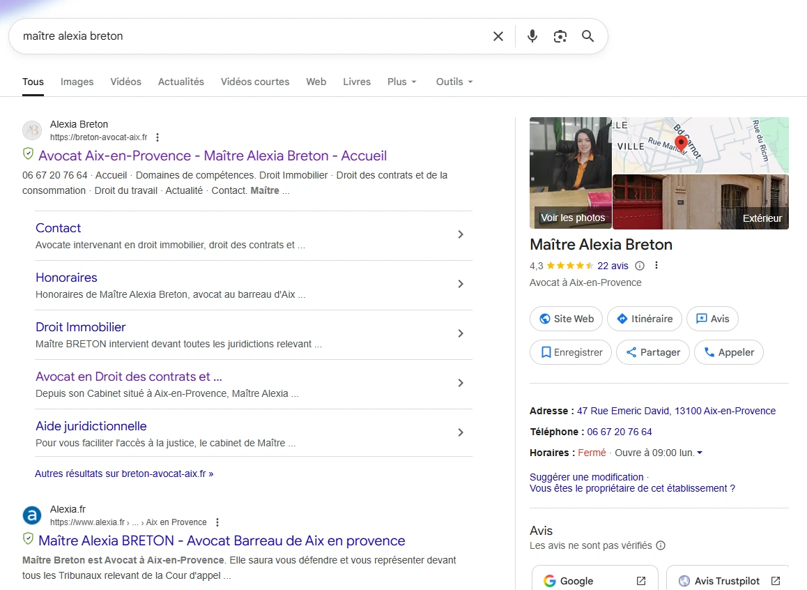 Capture d'écran d'une recherche "Maître Alexia Breton" sur le moteur de recherche Google