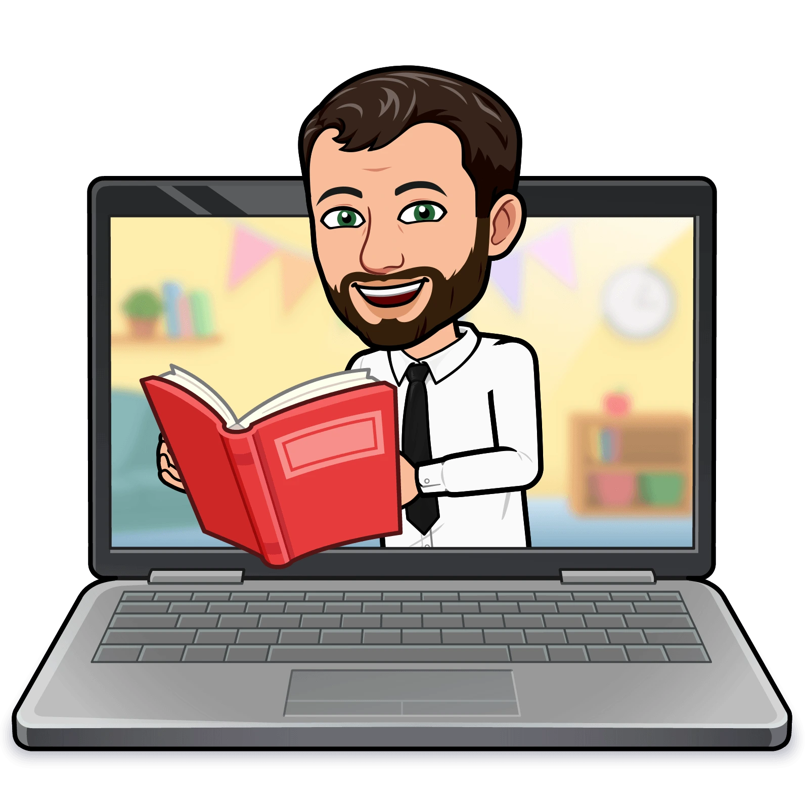 Image type sticker / avatar représentant julien lisant un livre à l'intérieur d'un écran de PC, ce qui illustre la reprise d'études dans le digital